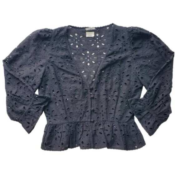 Wilfred Black Caravan Boho Eyelet Cotton Puff Sleeve Blouse Size XS - Picture 3 of 9